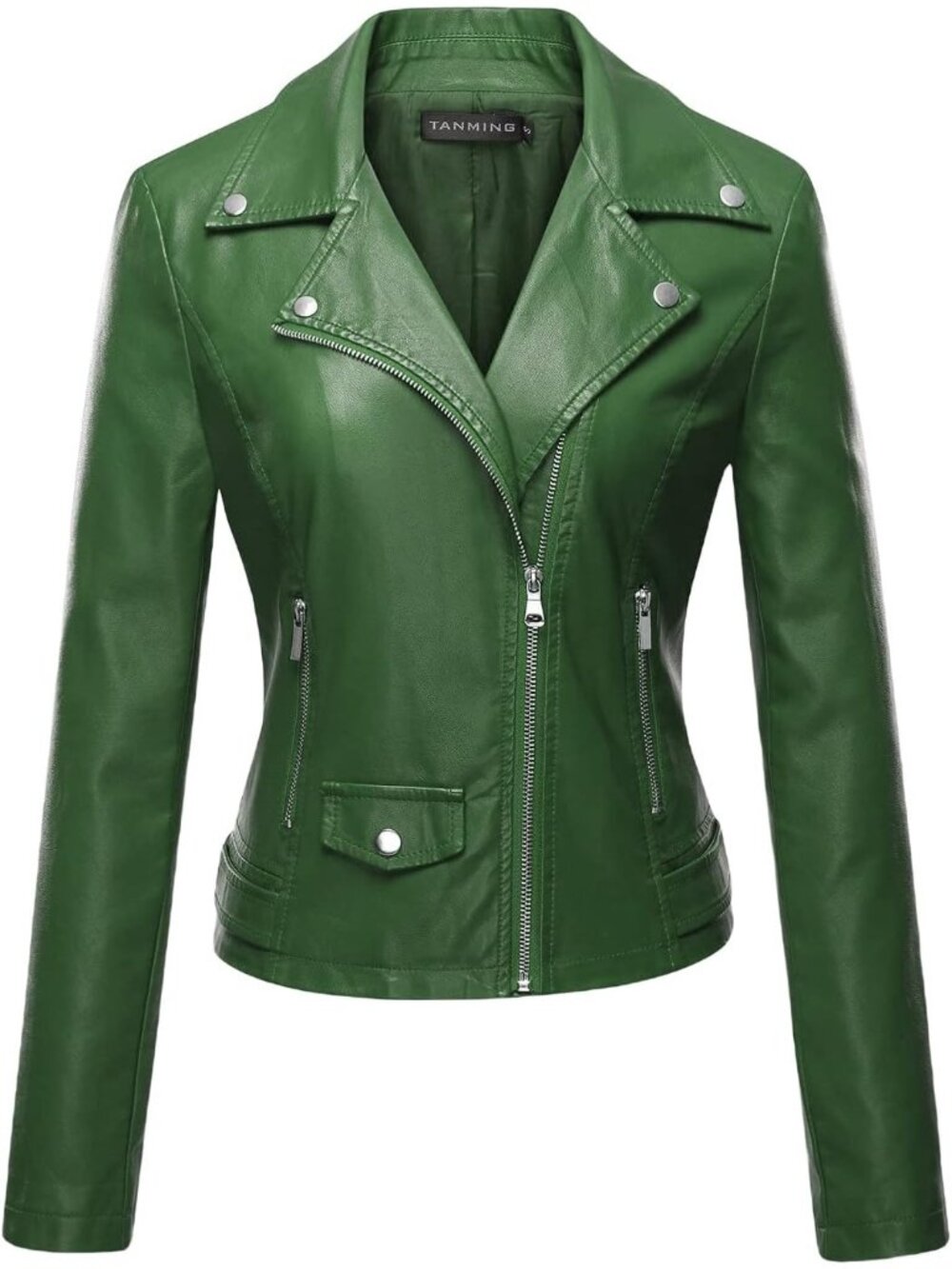 Women's Green Faux Leather Moto Biker Jacket Slim Fit Zip Up Casual Short Coat